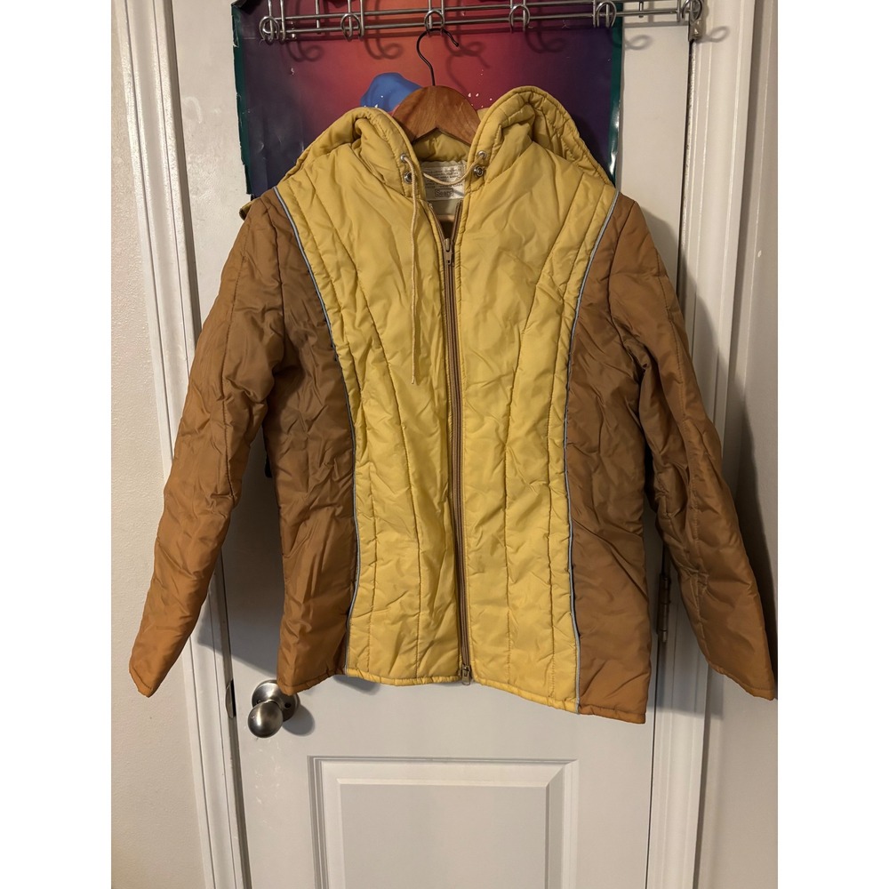 Vintage Sears Yellow Brown Colorblock Puffer Jacket Hooded Quilted Ski Coat Med